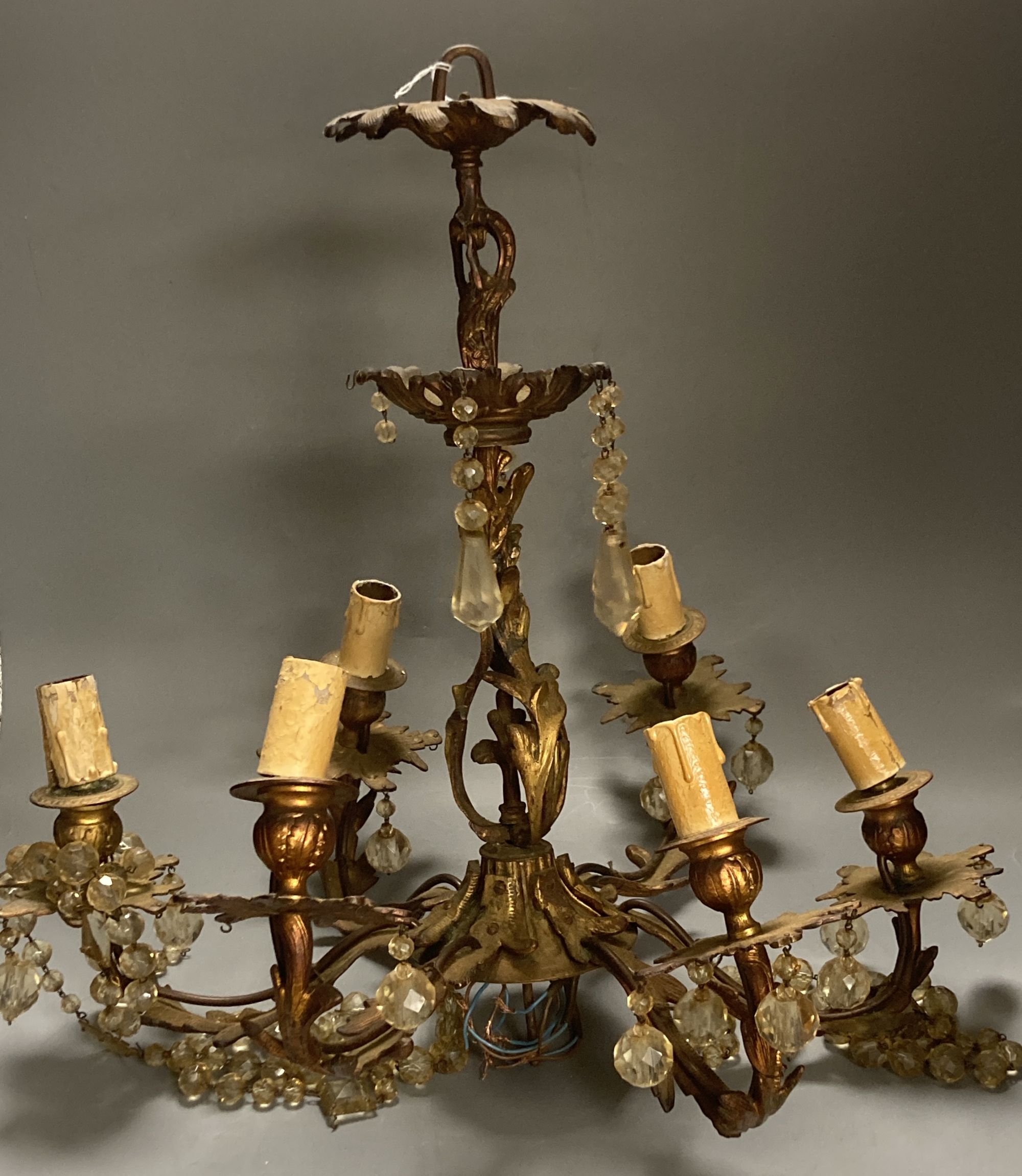 A six branch gilt metal and lustre electrolier